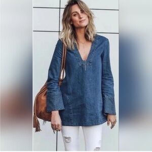 NWT Free People Dreaming Of Denim Shirt Dress Size Large Blue Retail $128